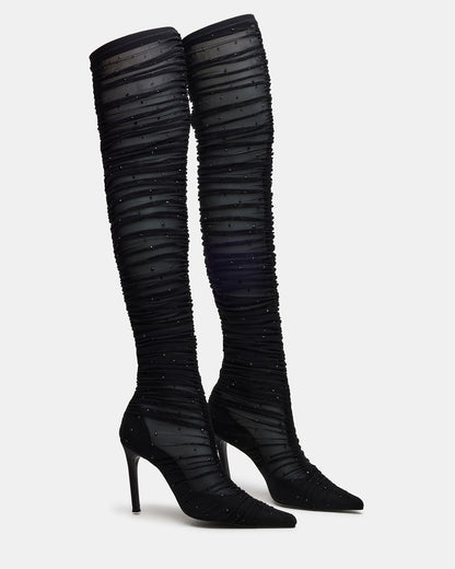 RASHIDA Black Mesh Over-The-Knee Pointed-Toe Rhinestone Stiletto Heel Women's Boot Steve Madden BLACK MESH