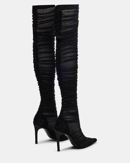 RASHIDA Black Mesh Over-The-Knee Pointed-Toe Rhinestone Stiletto Heel Women's Boot Steve Madden BLACK MESH