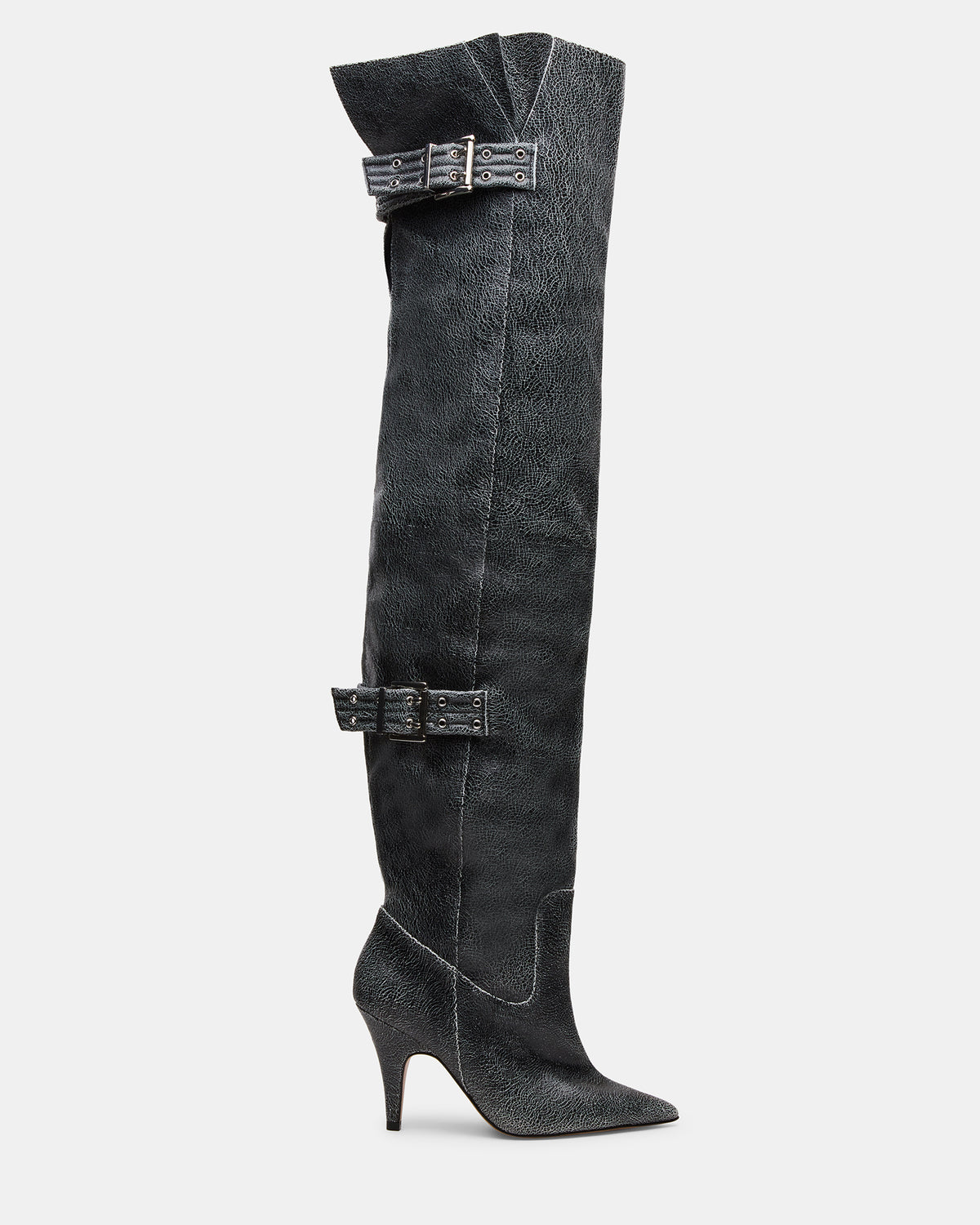 BADDIE Black Distressed Over-The-Knee Moto Women's Boot Steve Madden BLK DISTRS