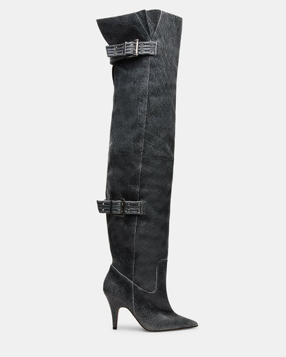 BADDIE Black Distressed Over-The-Knee Moto Women's Boot Steve Madden BLK DISTRS
