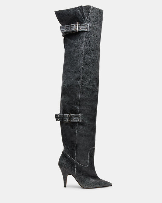BADDIE Black Distressed Over-The-Knee Moto Women's Boot Steve Madden BLK DISTRS