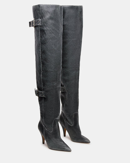 BADDIE Black Distressed Over-The-Knee Moto Women's Boot Steve Madden BLK DISTRS