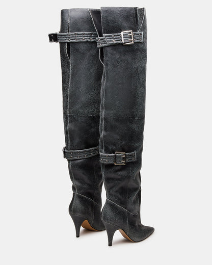 BADDIE Black Distressed Over-The-Knee Moto Women's Boot Steve Madden BLK DISTRS