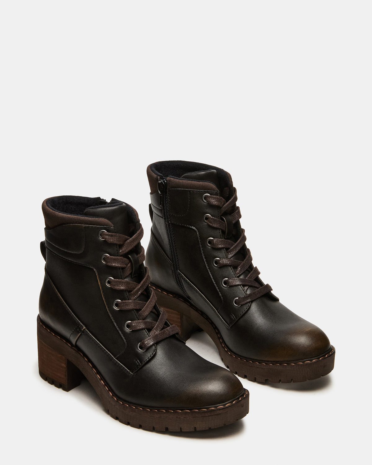 TUFF Dark Brown Lace-Up Block Heel Women's Ankle Boot Steve Madden DARK BROWN