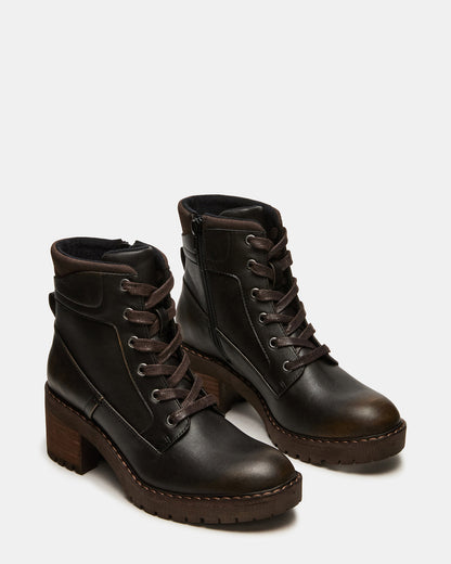 TUFF Dark Brown Lace-Up Block Heel Women's Ankle Boot Steve Madden DARK BROWN