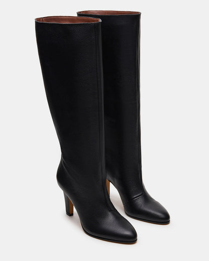 RIZK Black Leather Knee-High Rounded Toe Heeled Women's Boot Steve Madden BLACK LEATHER