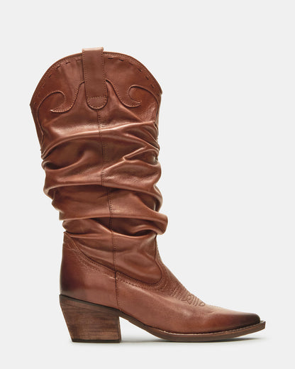 STAGE Cognac Leather Pointed-Toe Scrunched Western Women's Boot Steve Madden COGNAC LEA