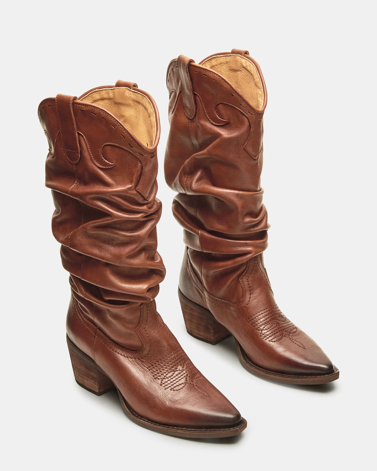 STAGE Cognac Leather Pointed-Toe Scrunched Western Women's Boot Steve Madden COGNAC LEA