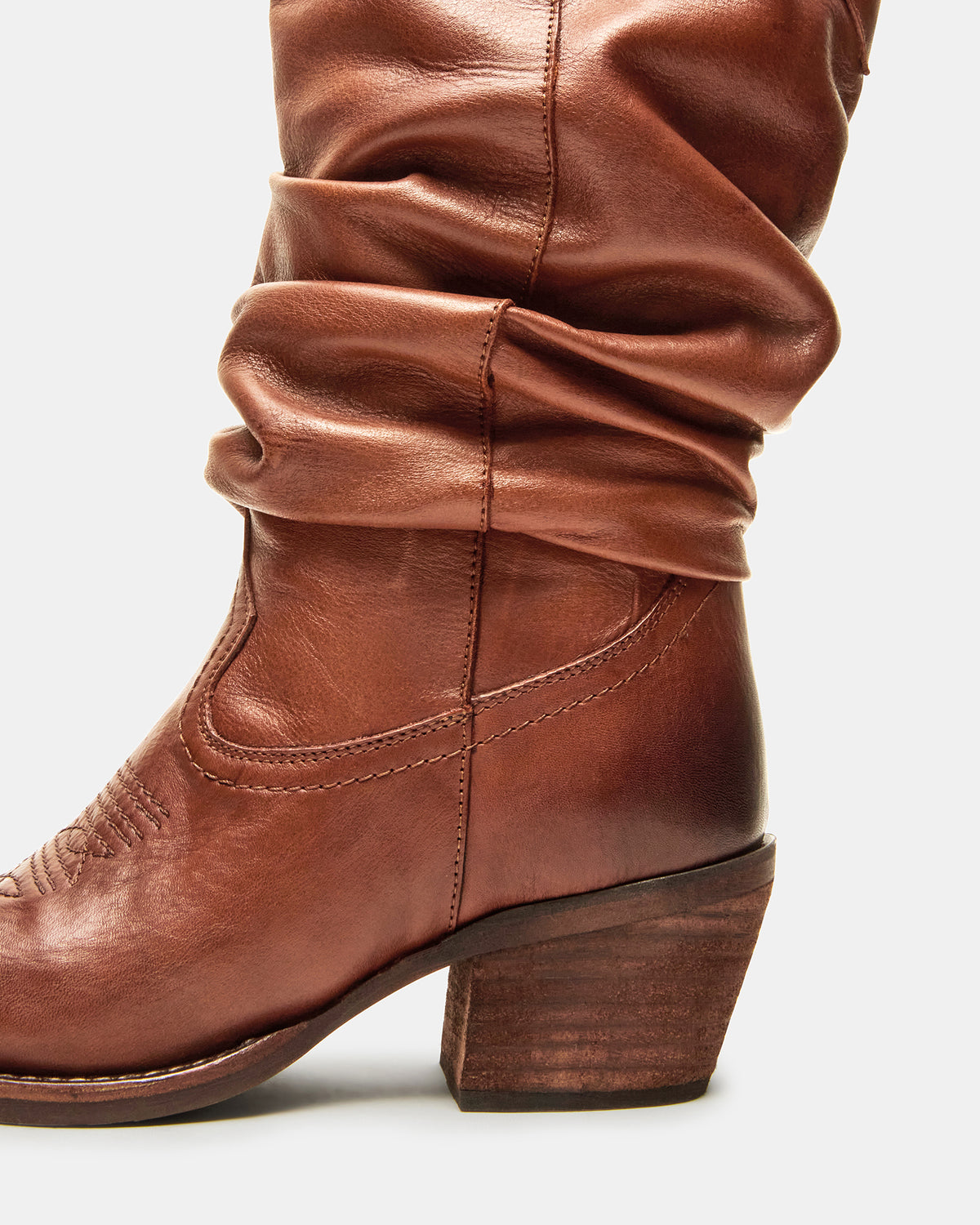 STAGE Cognac Leather Pointed-Toe Scrunched Western Women's Boot Steve Madden COGNAC LEA