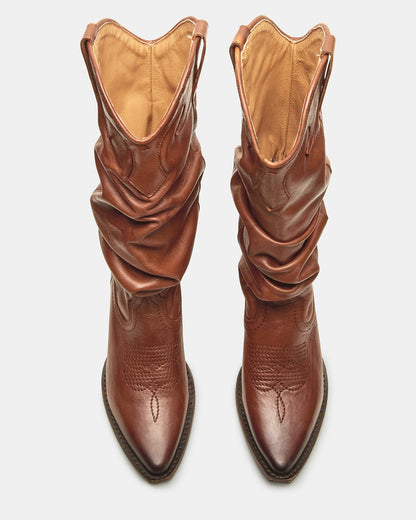 STAGE Cognac Leather Pointed-Toe Scrunched Western Women's Boot Steve Madden COGNAC LEA
