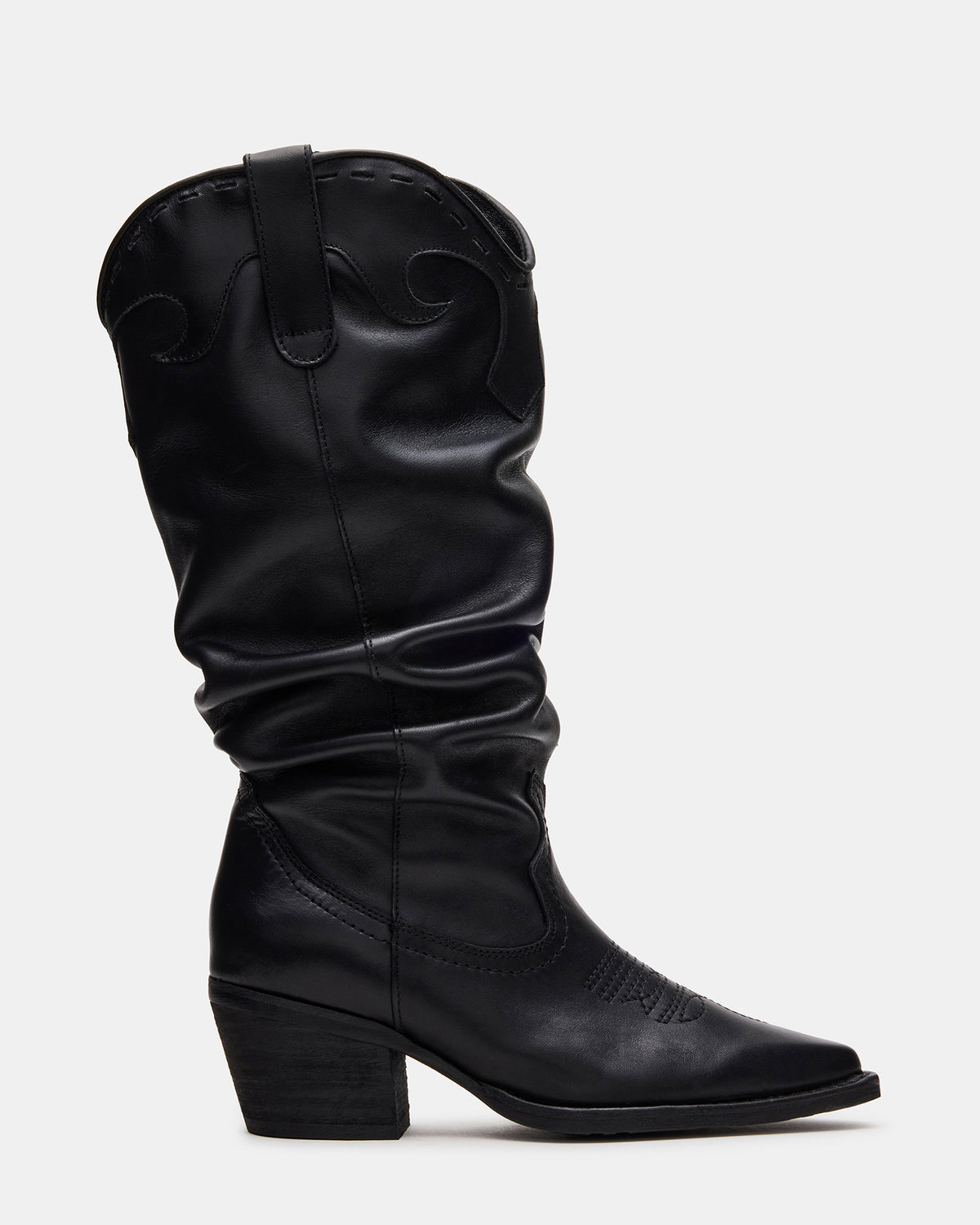 STAGE Black Leather Pointed-Toe Scrunched Western Women's Boot Steve Madden BLACK LEAT
