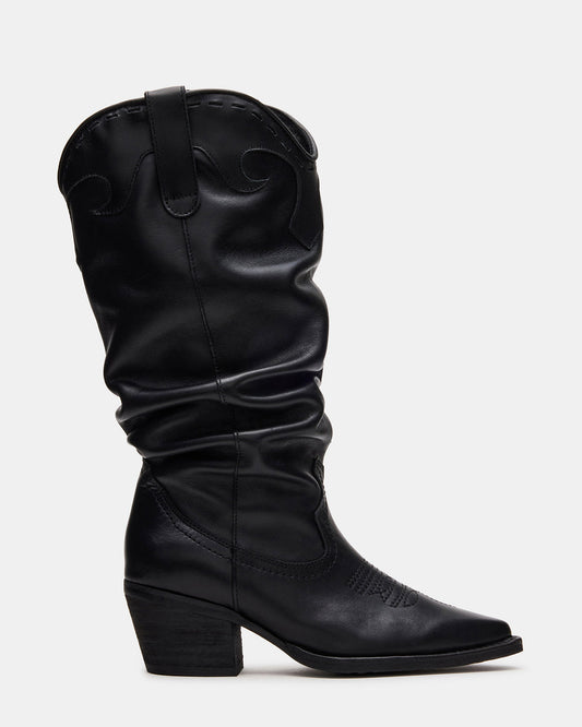 STAGE Black Leather Pointed-Toe Scrunched Western Women's Boot Steve Madden BLACK LEAT
