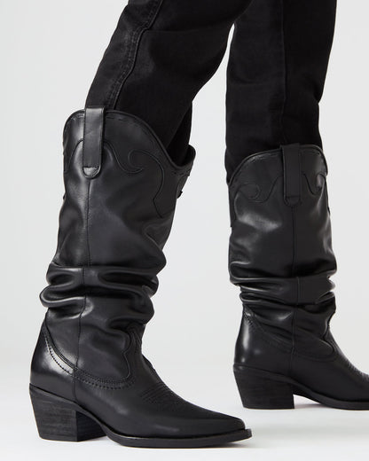 STAGE Black Leather Pointed-Toe Scrunched Western Women's Boot Steve Madden BLACK LEAT