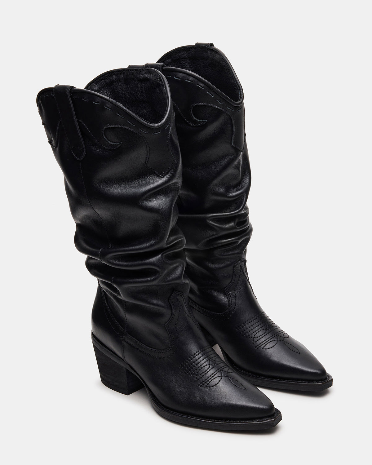 STAGE Black Leather Pointed-Toe Scrunched Western Women's Boot Steve Madden BLACK LEAT