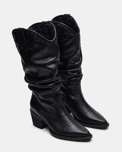 STAGE Black Leather Pointed-Toe Scrunched Western Women's Boot Steve Madden BLACK LEAT