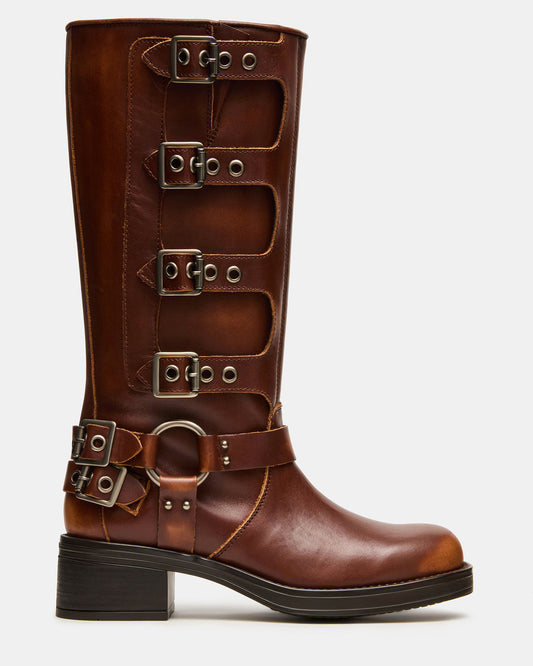 ROCKY Cognac Distressed Knee-High Moto Women's Boot