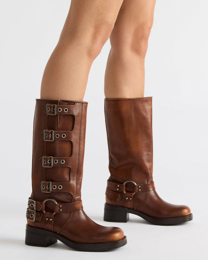 ROCKY Cognac Distressed Knee-High Moto Women's Boot Steve Madden COGNAC DISTRESSED