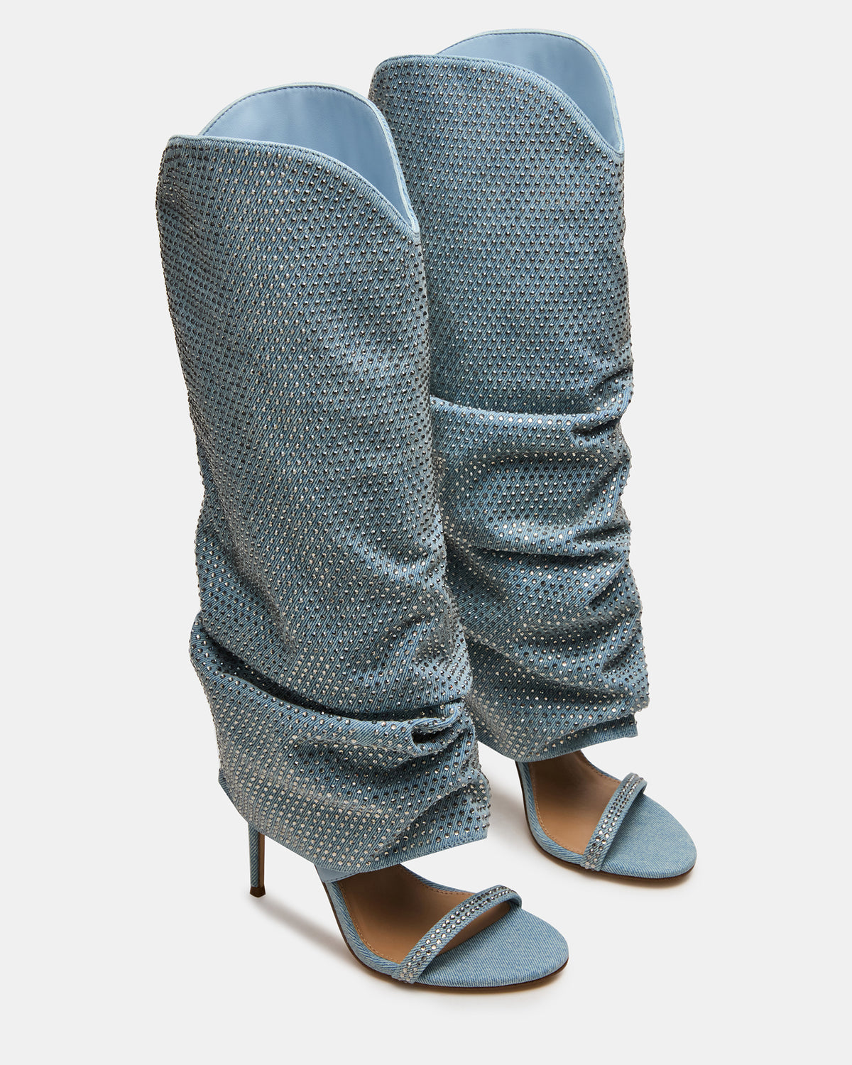RAVINE Denim Rhinestones Knee-High Cuffed Stiletto Heel Women's Boot Steve Madden DENIM