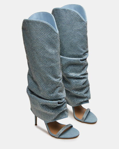 RAVINE Denim Rhinestones Knee-High Cuffed Stiletto Heel Women's Boot Steve Madden DENIM