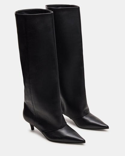 LUCA Black Leather Pointed-Toe Cuffed Kitten Heel Women's Boot Steve Madden BLACK LEATHER