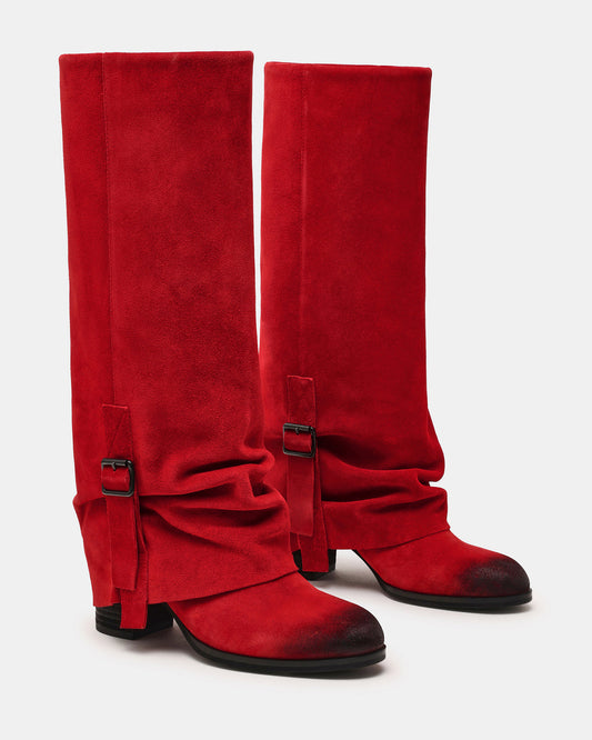 BOZEMAN Red Suede Knee-High Fold-Over Cuffed Women's Boot