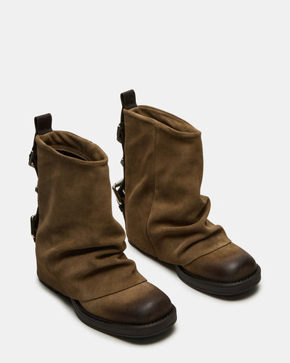 BENJI Taupe Suede Cuffed Fold-Over Moto Buckle Women's Ankle Boot Steve Madden TAUPE SUEDE