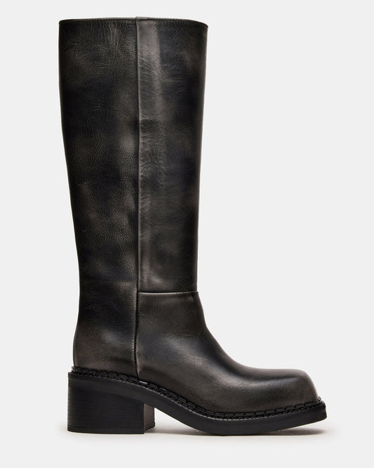 DAVOS Black Distressed Square-Toe Knee High Block Heel Women's Boot Steve Madden BLACK DISTRESSED