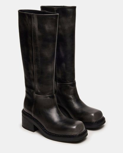 DAVOS Black Distressed Square-Toe Knee High Block Heel Women's Boot Steve Madden BLACK DISTRESSED