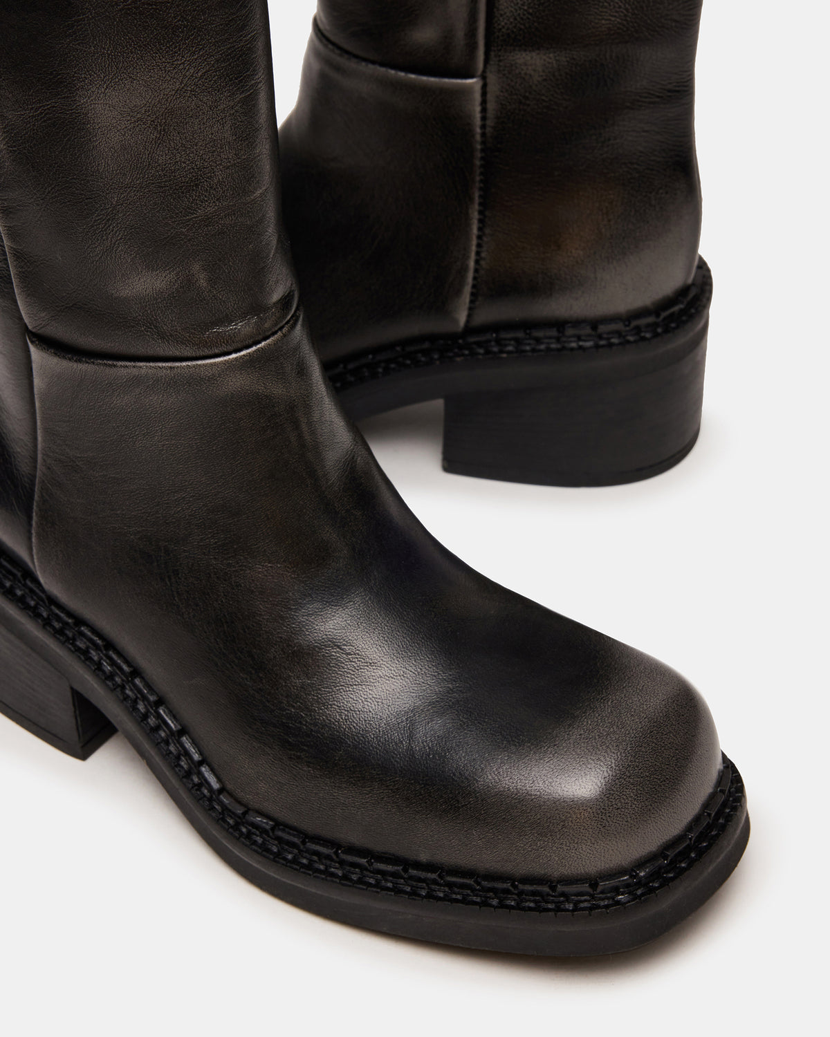 DAVOS Black Distressed Square-Toe Knee High Block Heel Women's Boot Steve Madden BLACK DISTRESSED