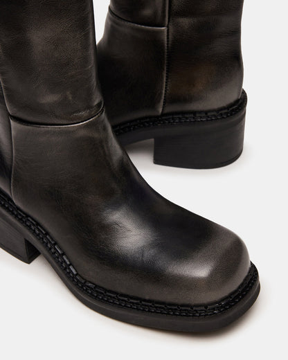 DAVOS Black Distressed Square-Toe Knee High Block Heel Women's Boot Steve Madden BLACK DISTRESSED