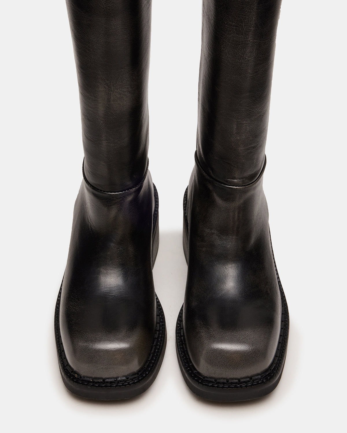 DAVOS Black Distressed Square-Toe Knee High Block Heel Women's Boot Steve Madden BLACK DISTRESSED