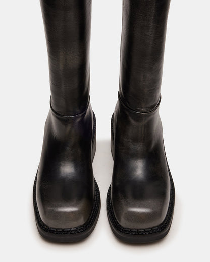 DAVOS Black Distressed Square-Toe Knee High Block Heel Women's Boot Steve Madden BLACK DISTRESSED