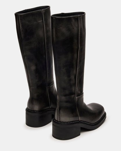 DAVOS Black Distressed Square-Toe Knee High Block Heel Women's Boot Steve Madden BLACK DISTRESSED