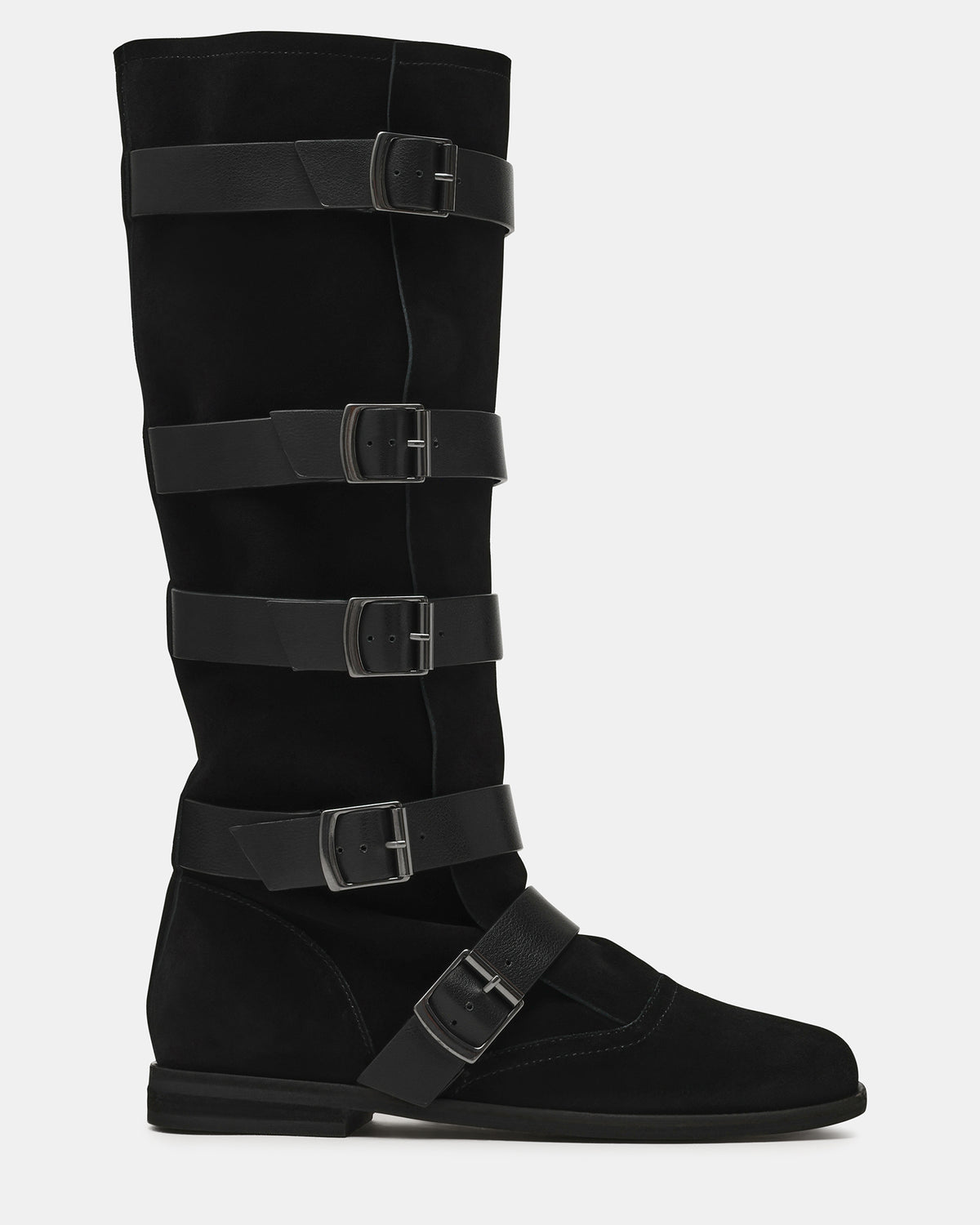 INDIO Black Suede Buckle Strap Knee-High Round-Toe Women's Boot Steve Madden BLACK SUEDE