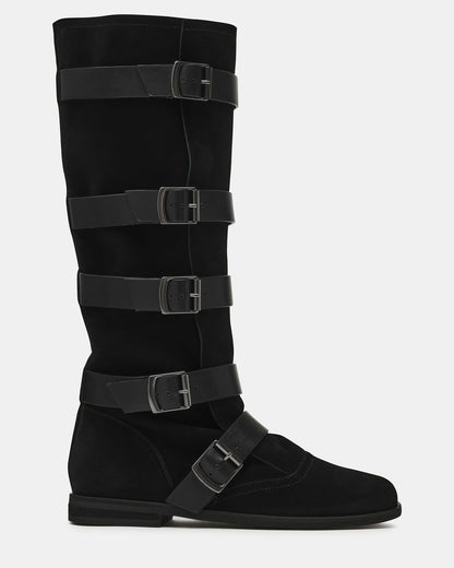 INDIO Black Suede Buckle Strap Knee-High Round-Toe Women's Boot Steve Madden BLACK SUEDE