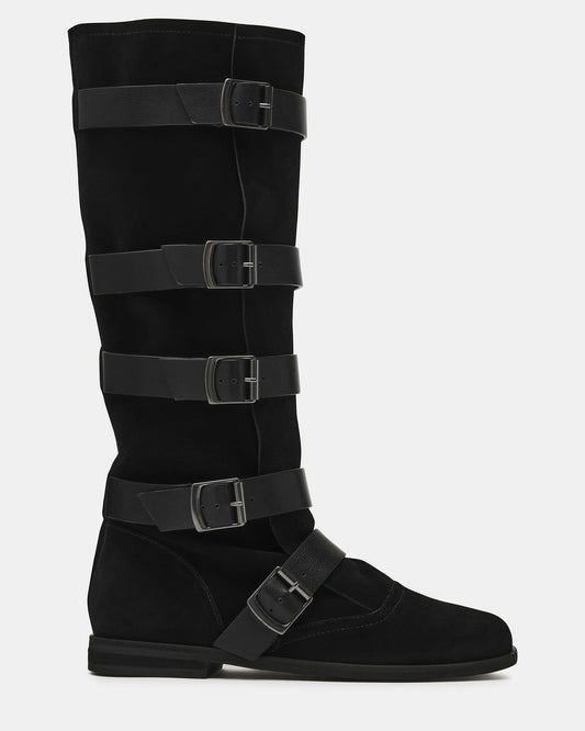INDIO Black Suede Buckle Strap Knee-High Round-Toe Women's Boot Steve Madden BLACK SUEDE