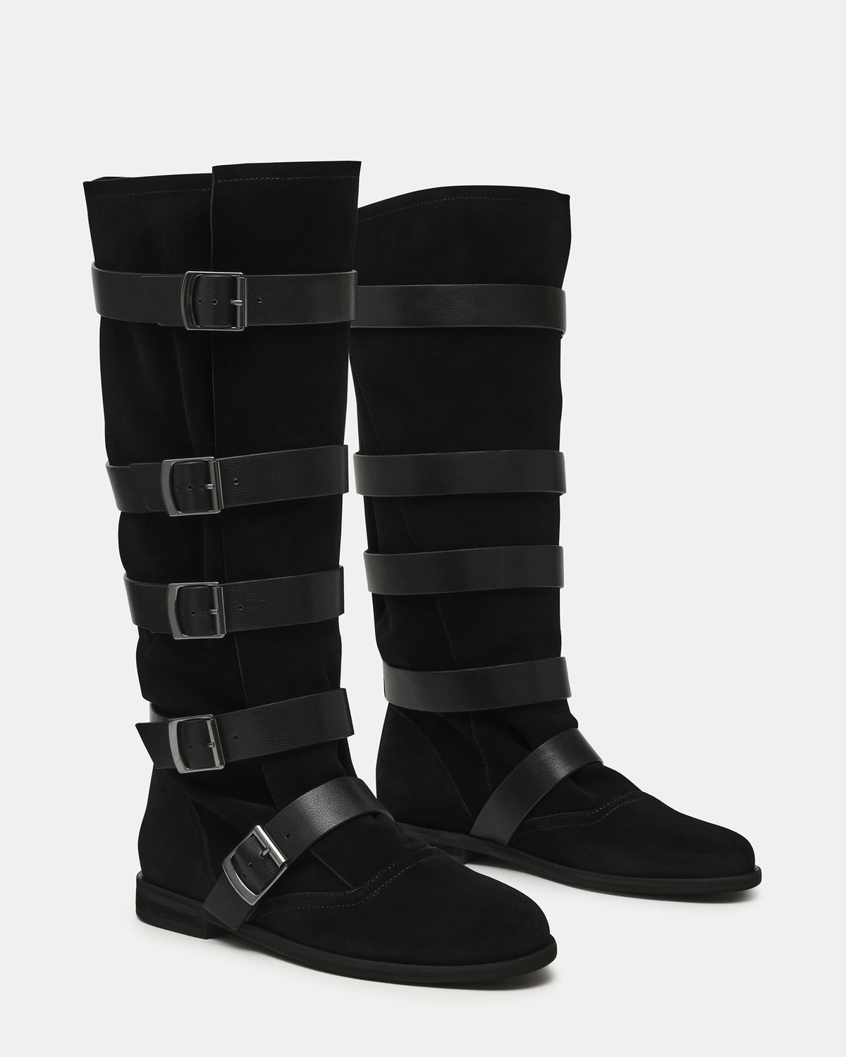 INDIO Black Suede Buckle Strap Knee-High Round-Toe Women's Boot Steve Madden BLACK SUEDE