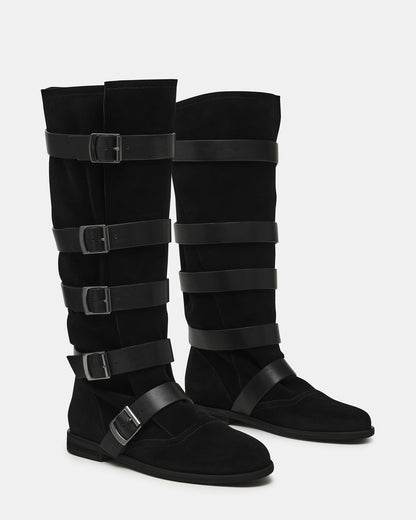 INDIO Black Suede Buckle Strap Knee-High Round-Toe Women's Boot Steve Madden BLACK SUEDE