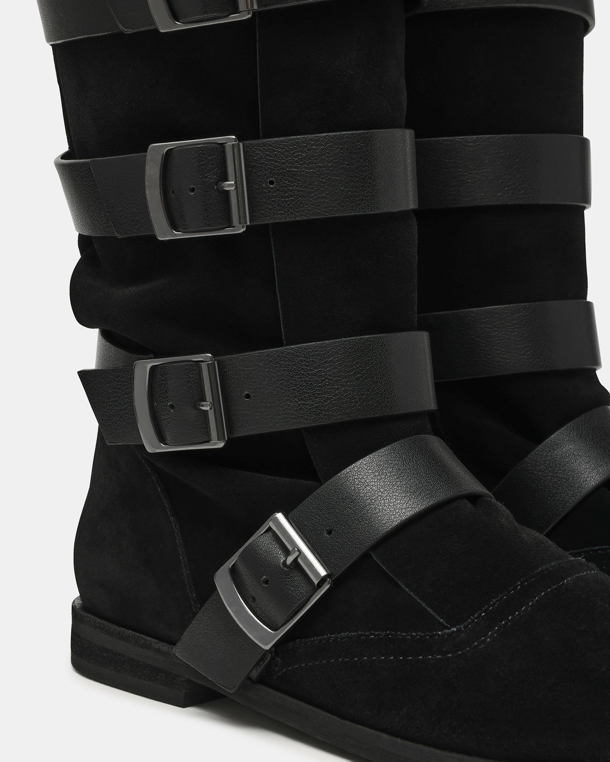 INDIO Black Suede Buckle Strap Knee-High Round-Toe Women's Boot Steve Madden BLACK SUEDE