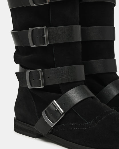 INDIO Black Suede Buckle Strap Knee-High Round-Toe Women's Boot Steve Madden BLACK SUEDE