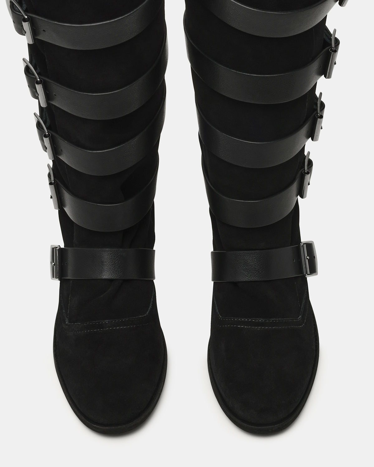 INDIO Black Suede Buckle Strap Knee-High Round-Toe Women's Boot Steve Madden BLACK SUEDE