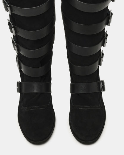 INDIO Black Suede Buckle Strap Knee-High Round-Toe Women's Boot Steve Madden BLACK SUEDE