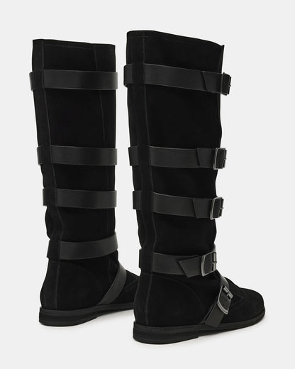 INDIO Black Suede Buckle Strap Knee-High Round-Toe Women's Boot Steve Madden BLACK SUEDE