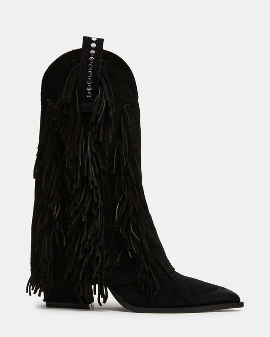 LANDMARK Black Suede Cuffed Fringe Western Women's Ankle Boot Steve Madden BLACK SUEDE