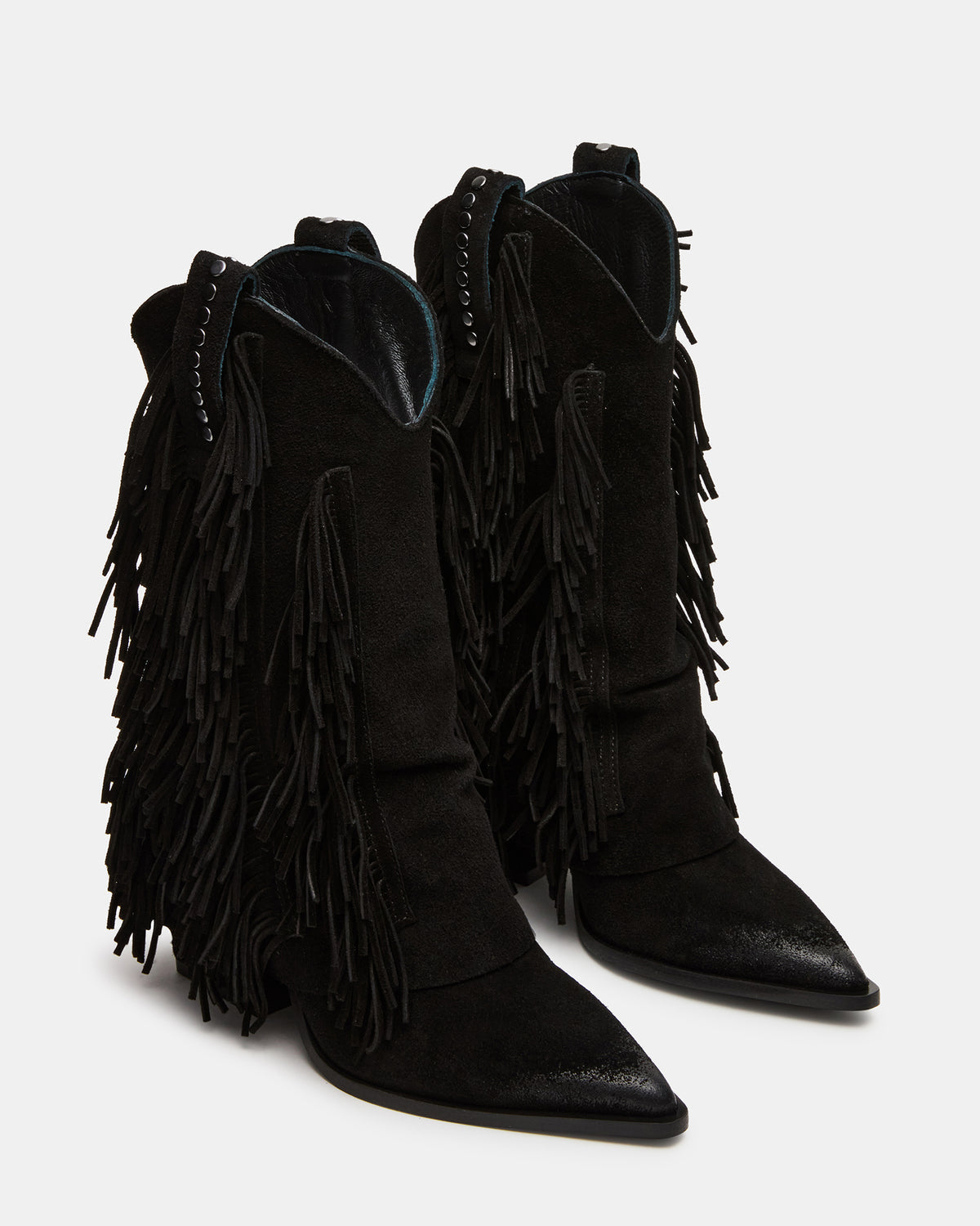 LANDMARK Black Suede Cuffed Fringe Western Women's Ankle Boot Steve Madden BLACK SUEDE