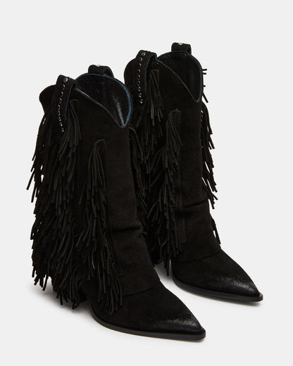 LANDMARK Black Suede Cuffed Fringe Western Women's Ankle Boot Steve Madden BLACK SUEDE