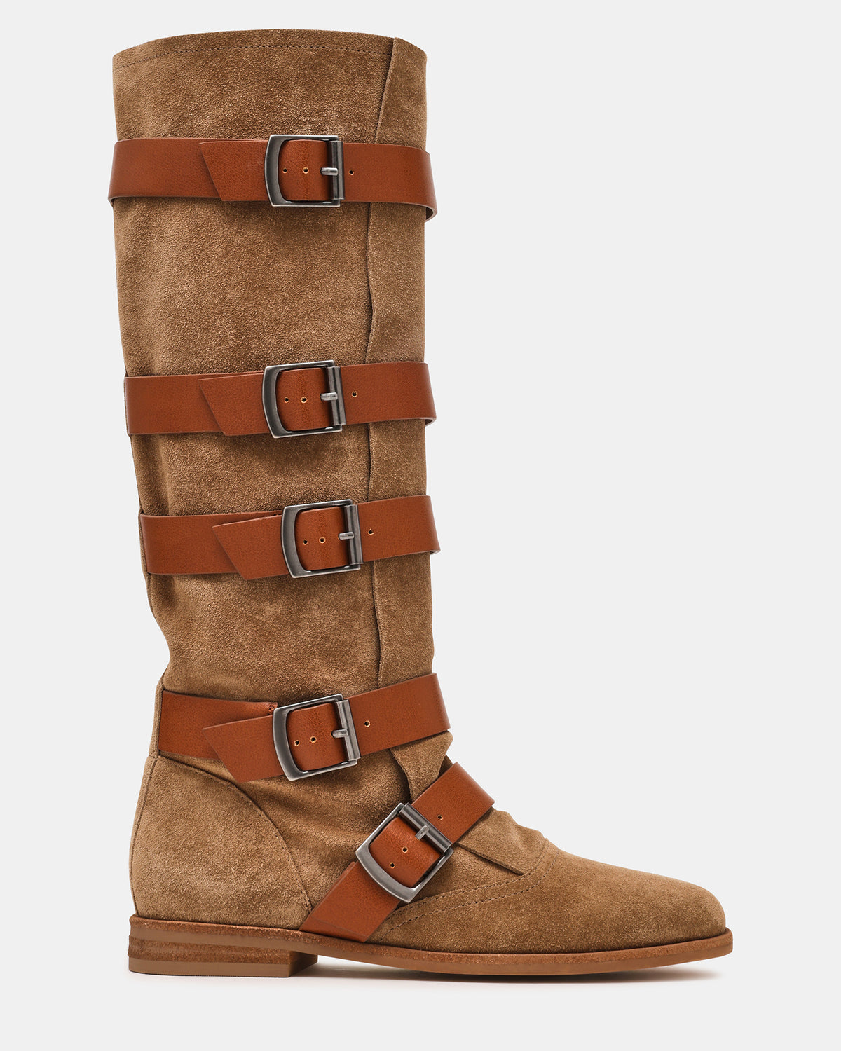 INDIO Tan Suede Buckle Strap Knee-High Round-Toe Women's Boot Steve Madden TAN SUEDE