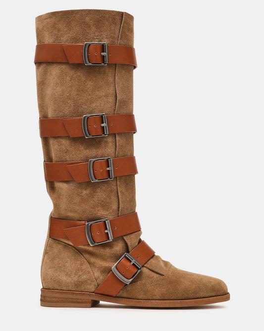 INDIO Tan Suede Buckle Strap Knee-High Round-Toe Women's Boot Steve Madden TAN SUEDE