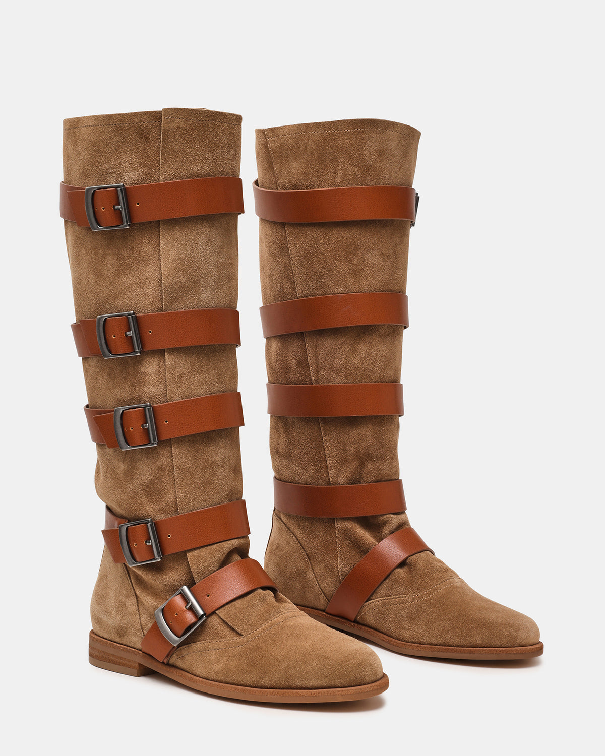INDIO Tan Suede Buckle Strap Knee-High Round-Toe Women's Boot Steve Madden TAN SUEDE