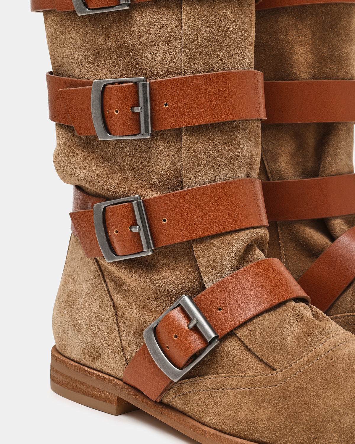 INDIO Tan Suede Buckle Strap Knee-High Round-Toe Women's Boot Steve Madden TAN SUEDE